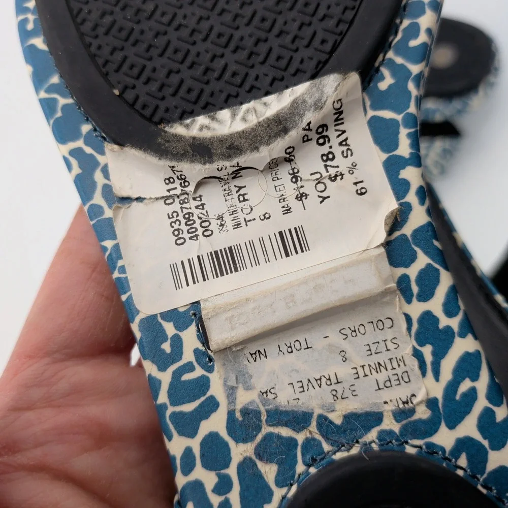 Tory Burch Minnie Travel Sandal Blue Leopard Print Leather Thong Slingback 8M